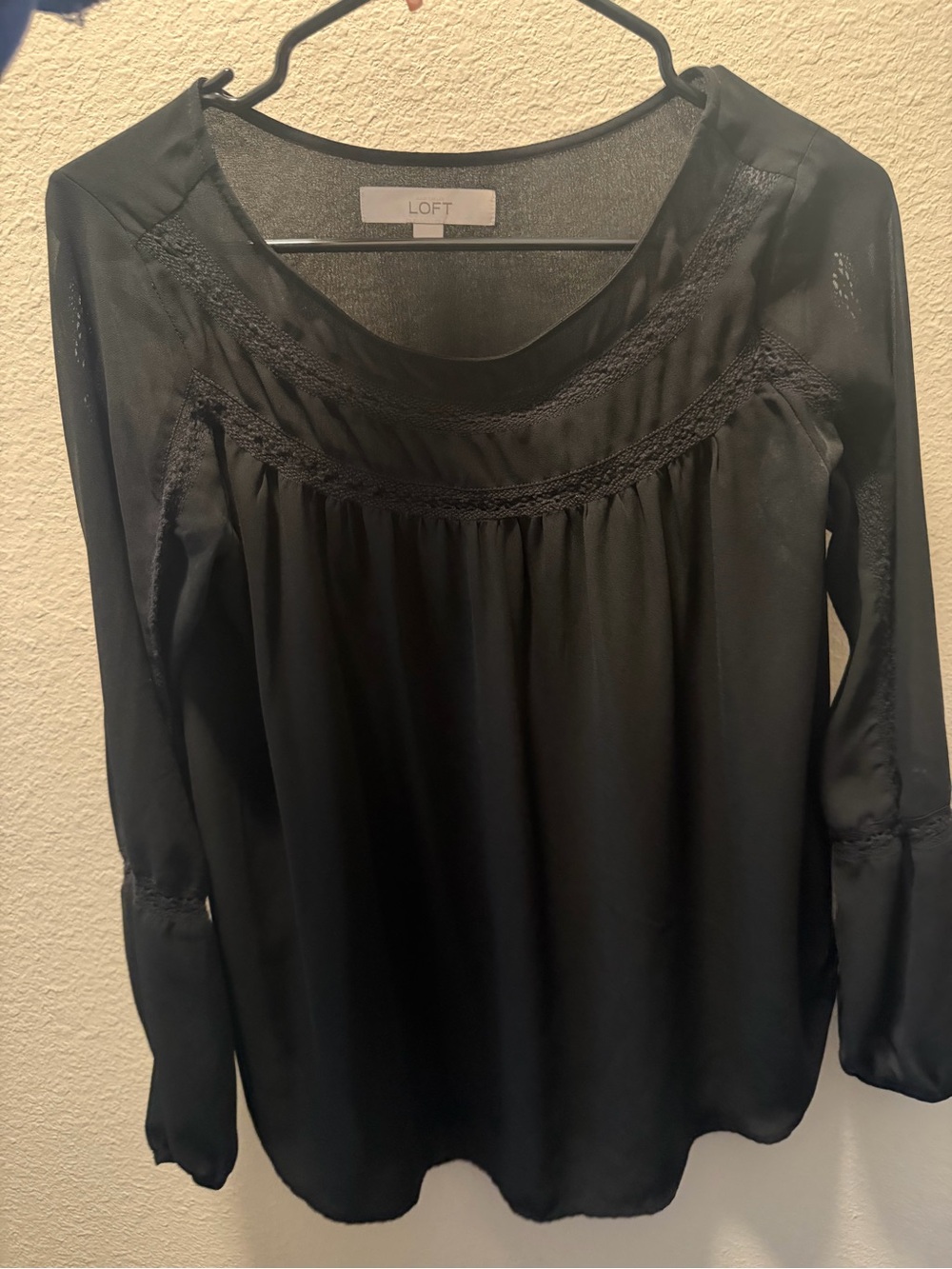 LOFT Black Long-Sleeve Lace-Trim Peasant Top